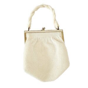 Lumured White Petite Bead Purse Handbag Kisslock Twisted Handle Vintage